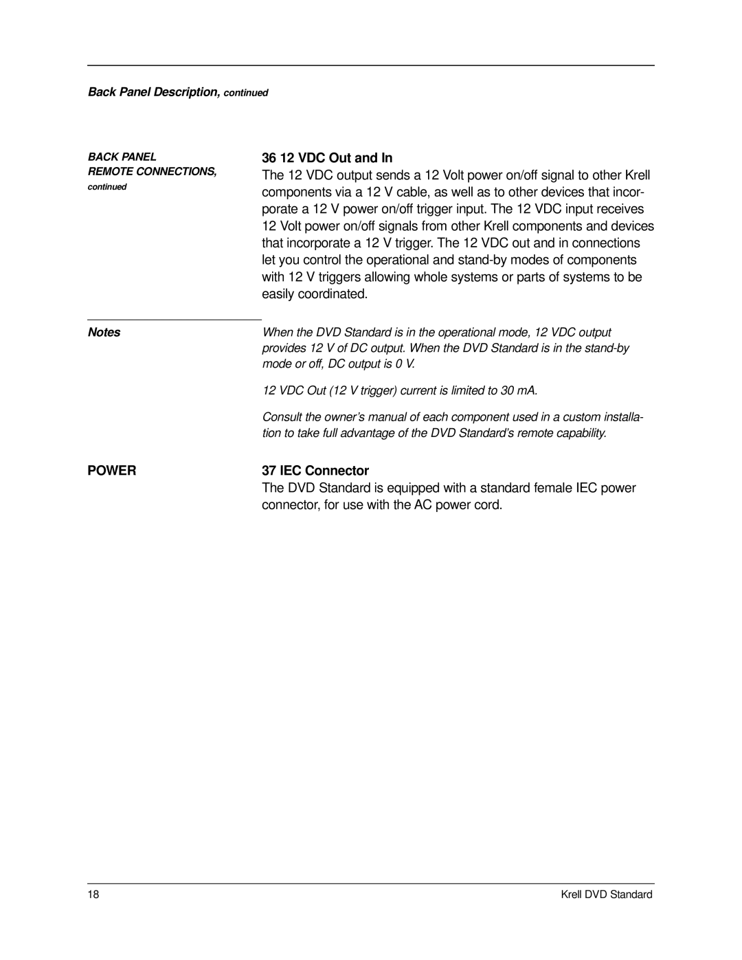 Krell Industries DVD Standard manual 36 12 VDC Out, IEC Connector, Connector, for use with the AC power cord 