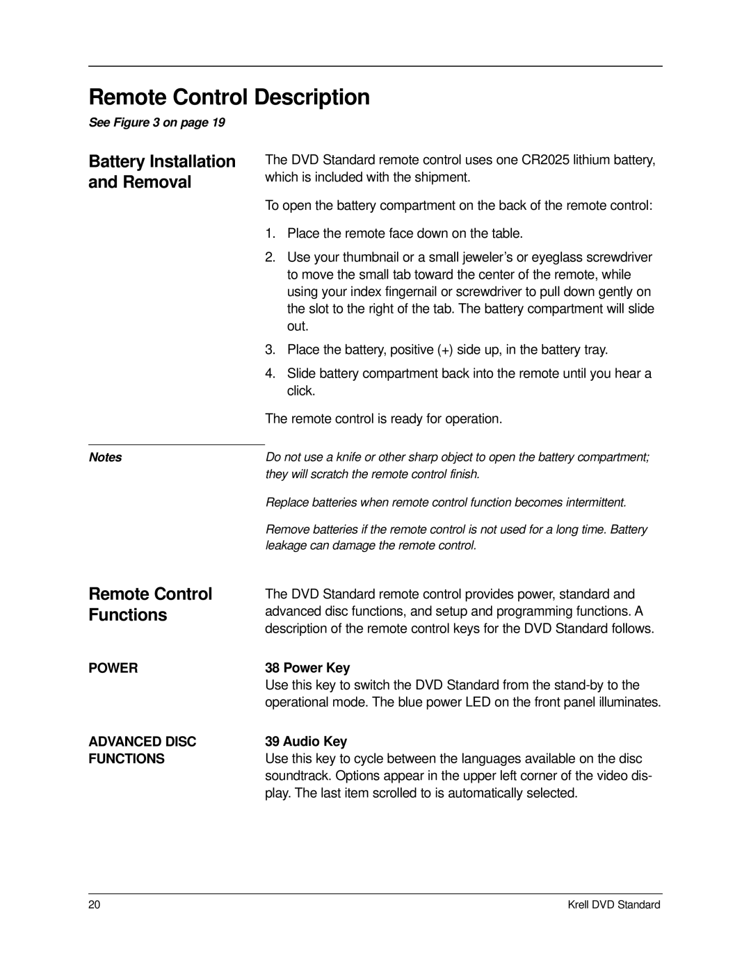 Krell Industries DVD Standard manual Remote Control Description, Power Advanced Disc Functions, Power Key, Audio Key 