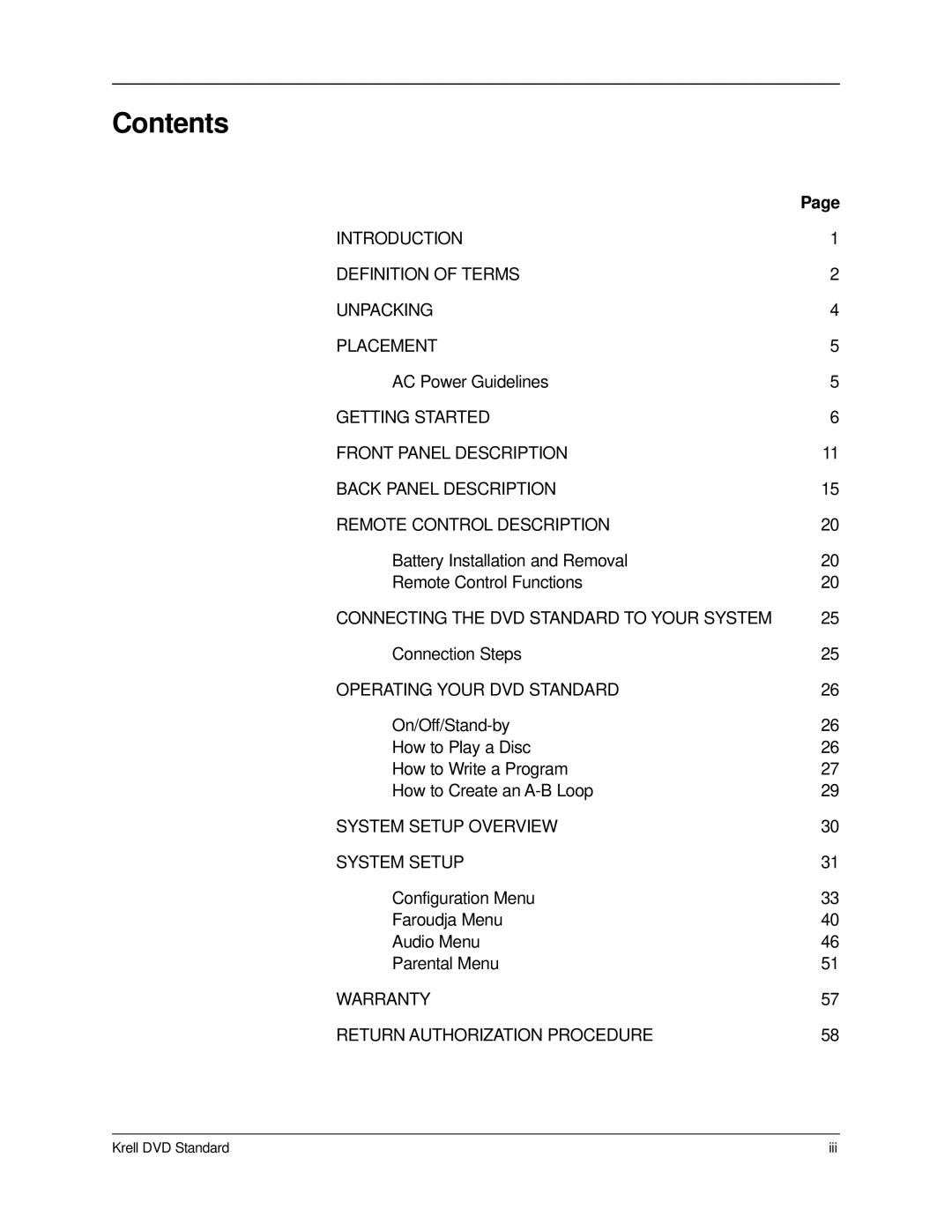 Krell Industries DVD Standard manual Contents 