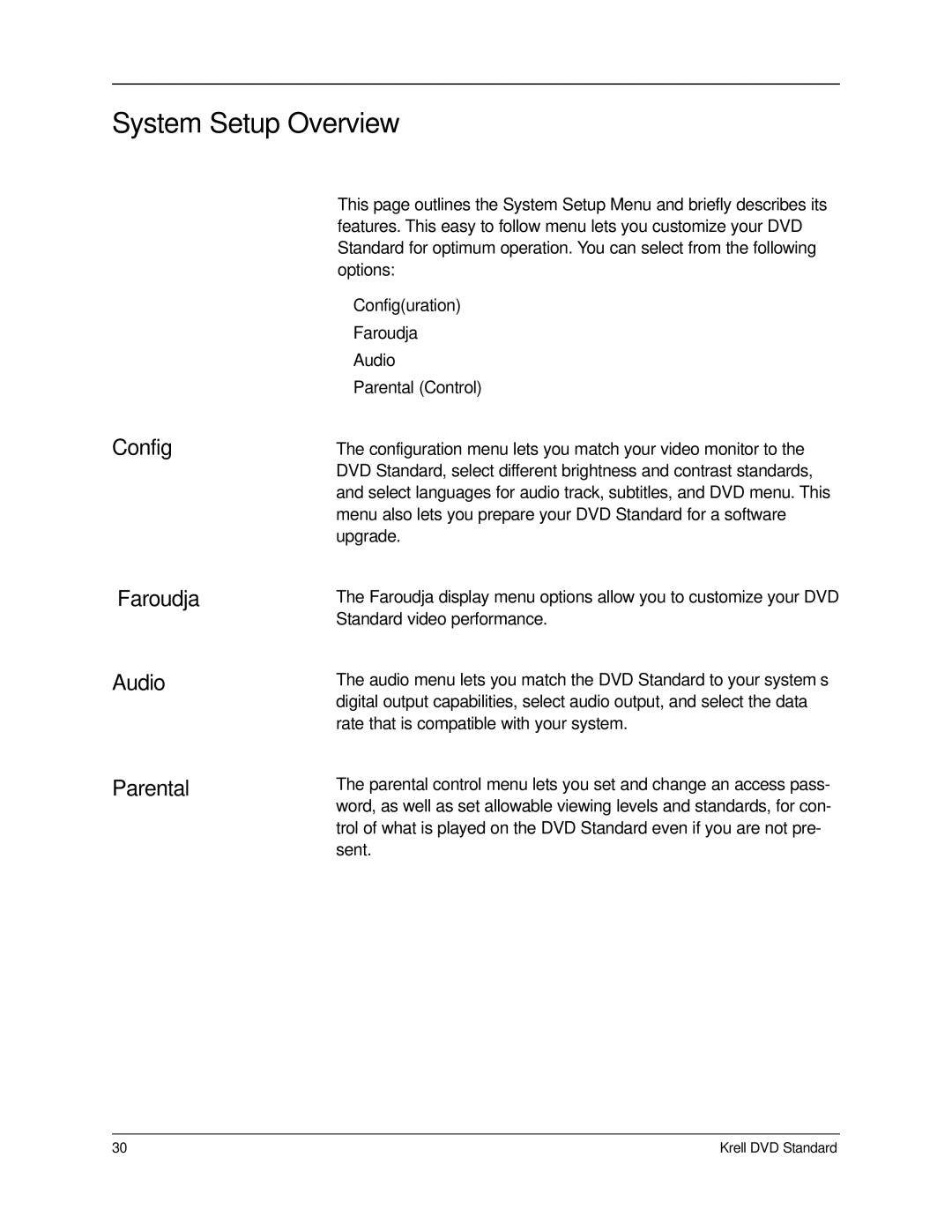 Krell Industries DVD Standard manual System Setup Overview, Config Faroudja Audio Parental 