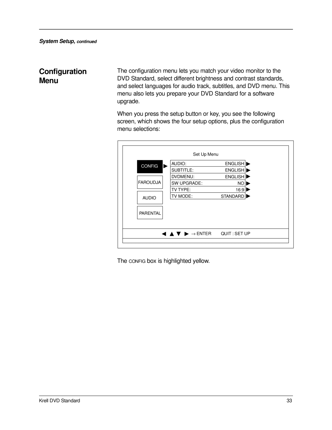 Krell Industries DVD Standard manual Configuration Menu, Config box is highlighted yellow 