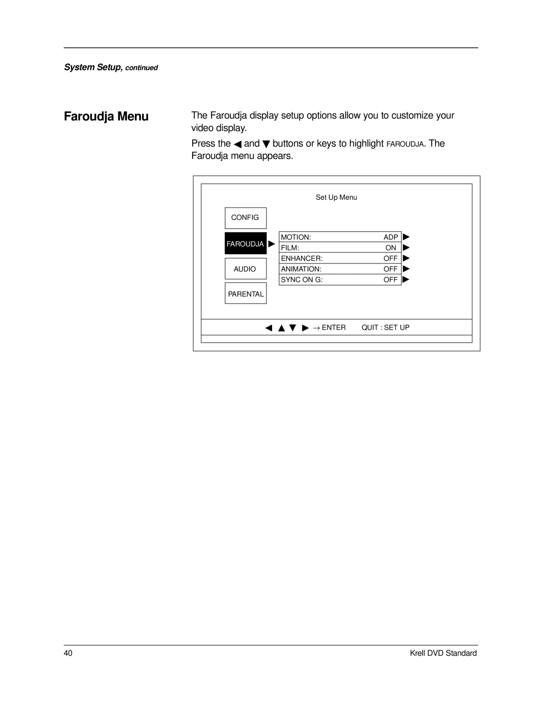 Krell Industries DVD Standard manual Faroudja Menu 