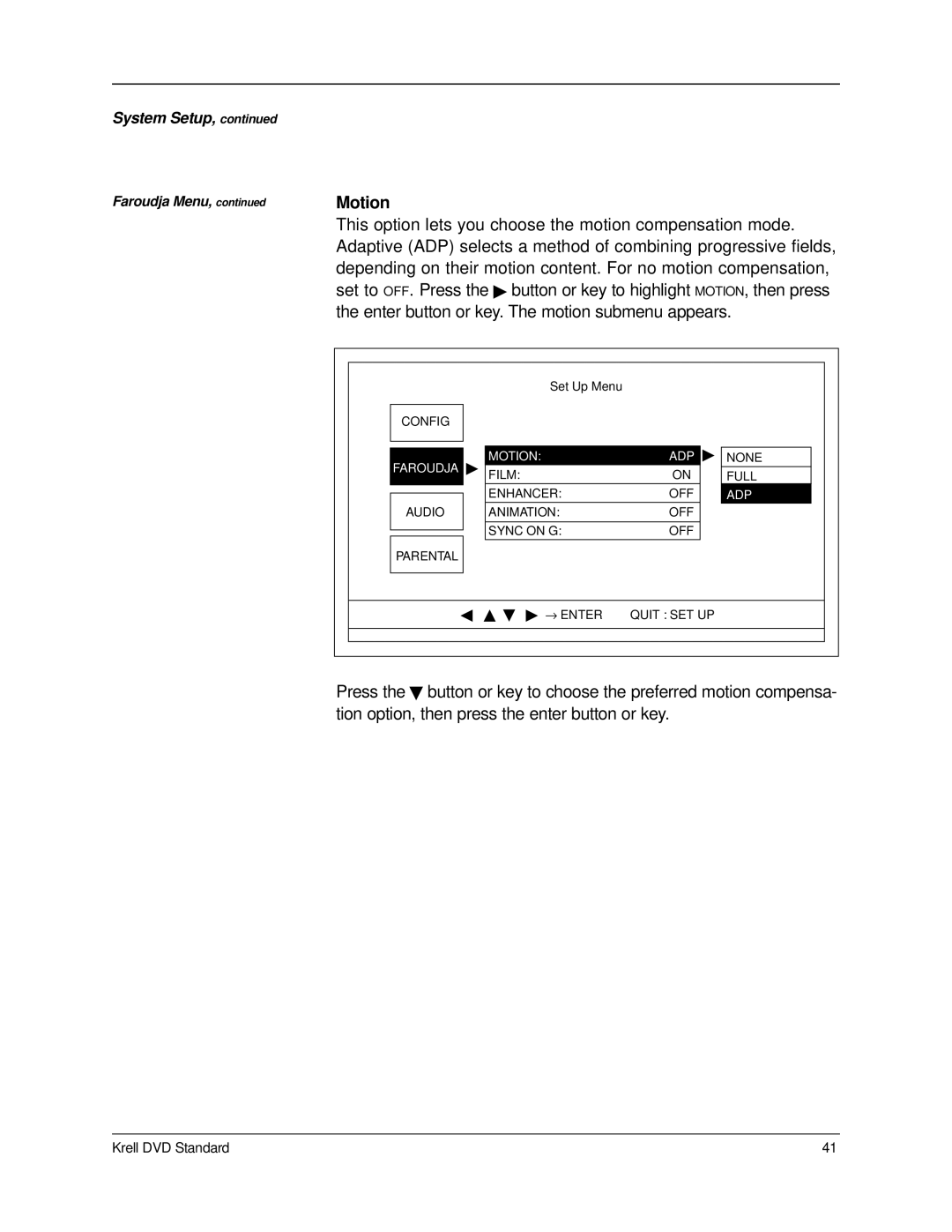 Krell Industries DVD Standard manual Motion, This option lets you choose the motion compensation mode 