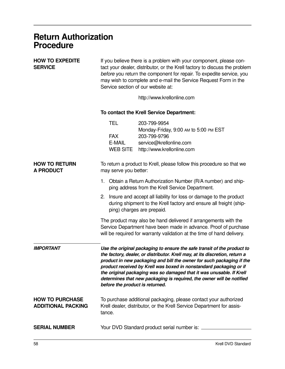 Krell Industries DVD Standard manual Return Authorization Procedure 