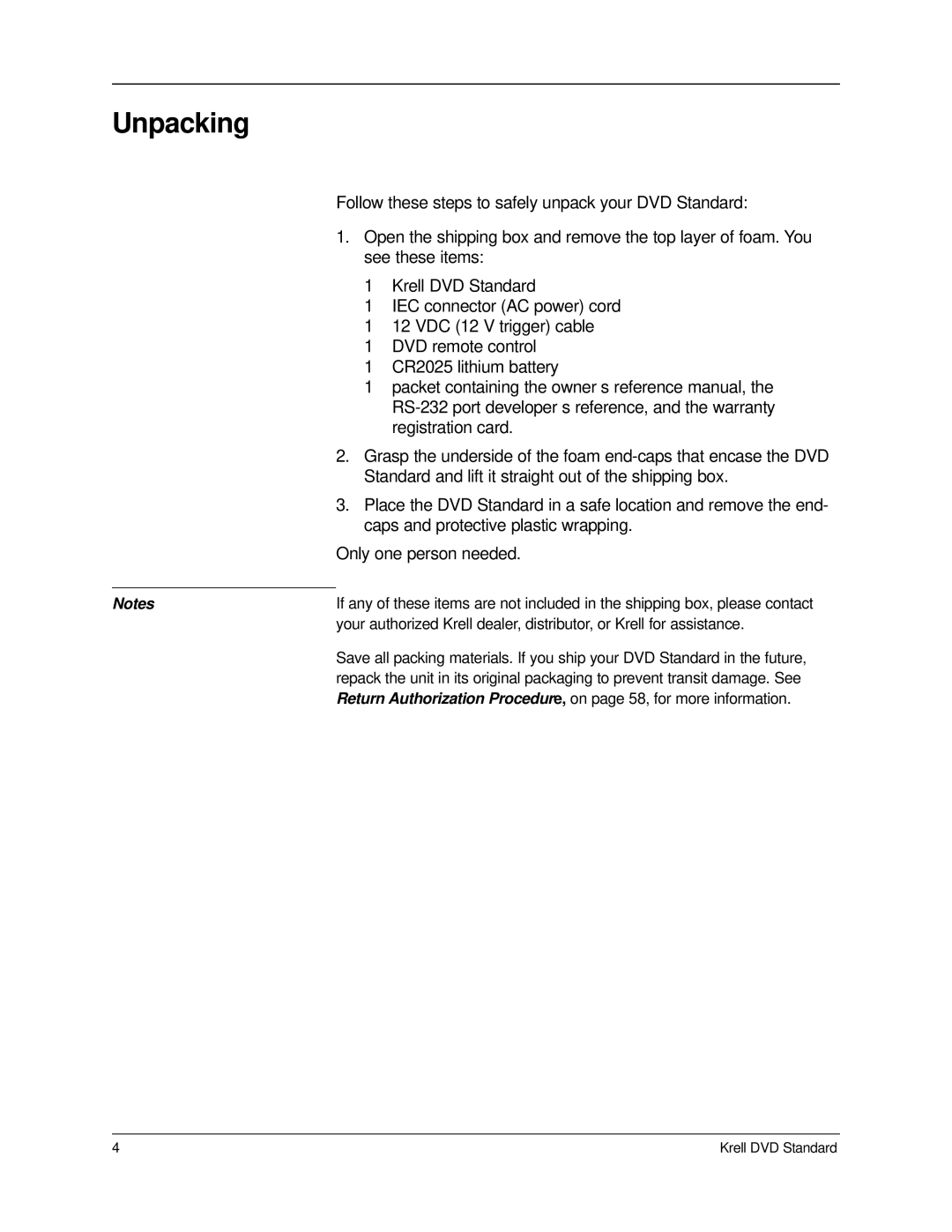 Krell Industries DVD Standard manual Unpacking 