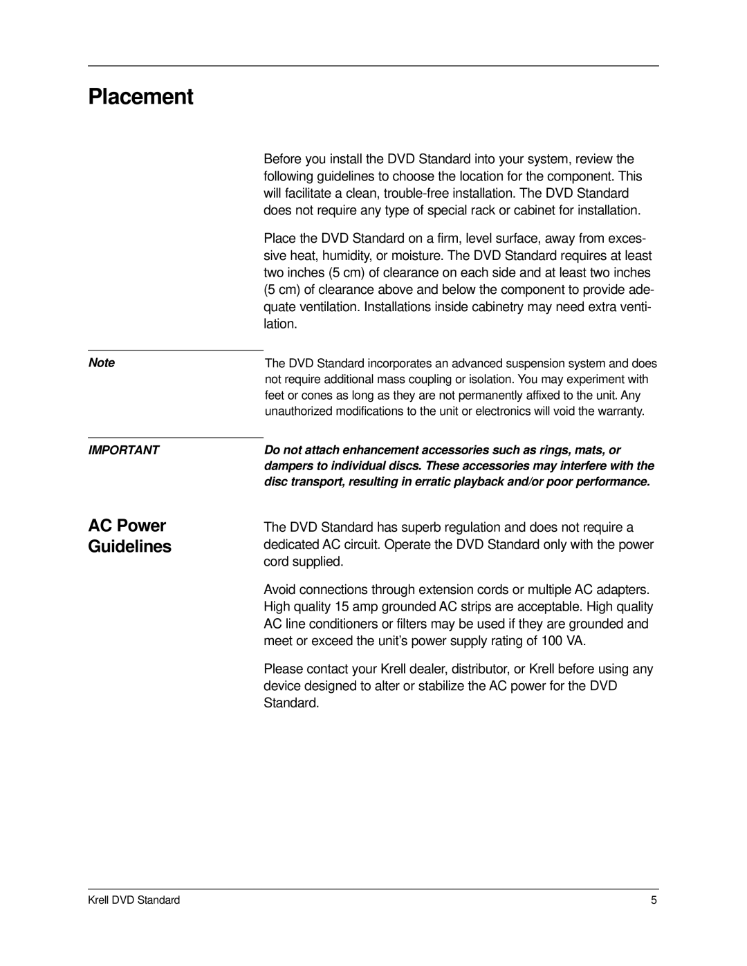 Krell Industries DVD Standard manual Placement, AC Power Guidelines 