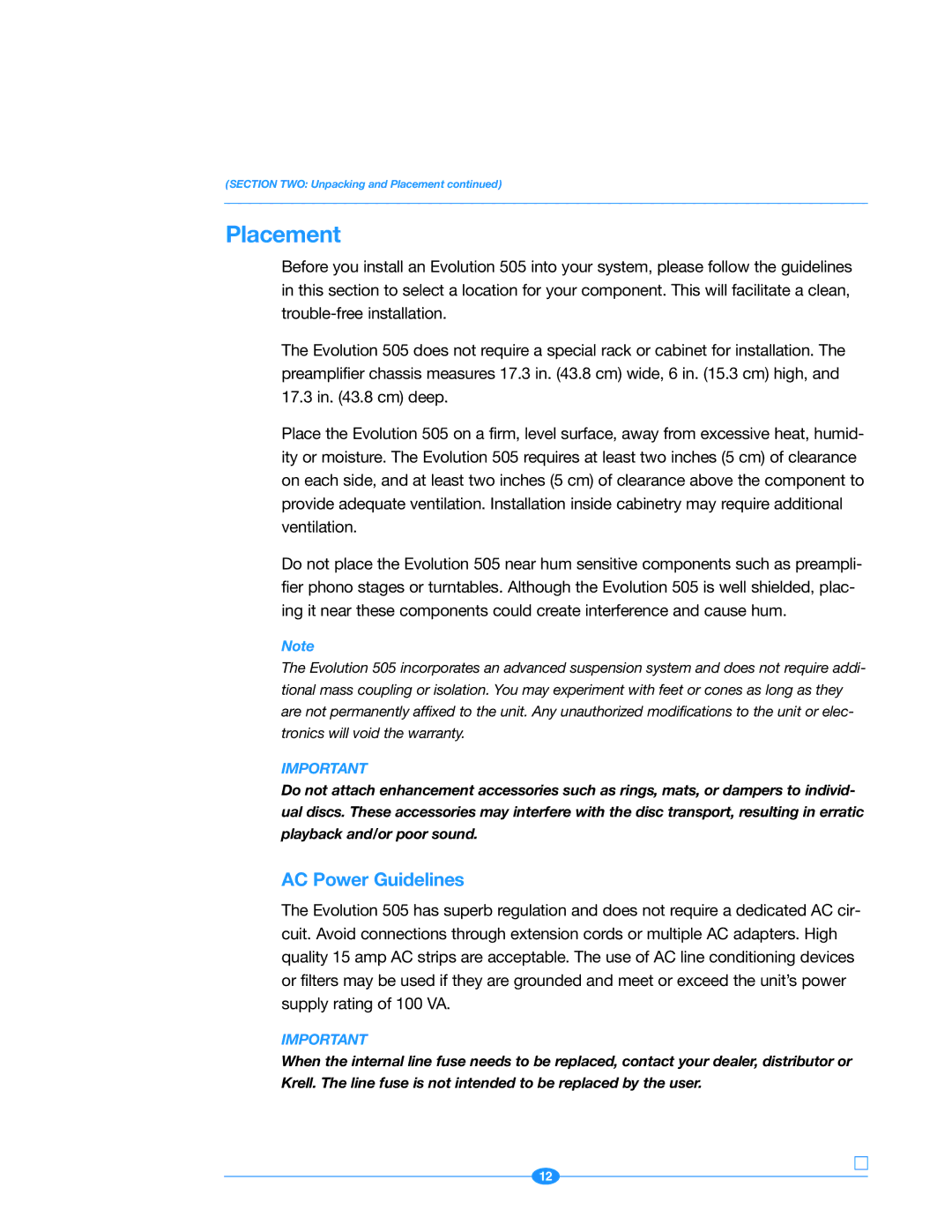 Krell Industries Evolution 505 manual Placement, AC Power Guidelines 