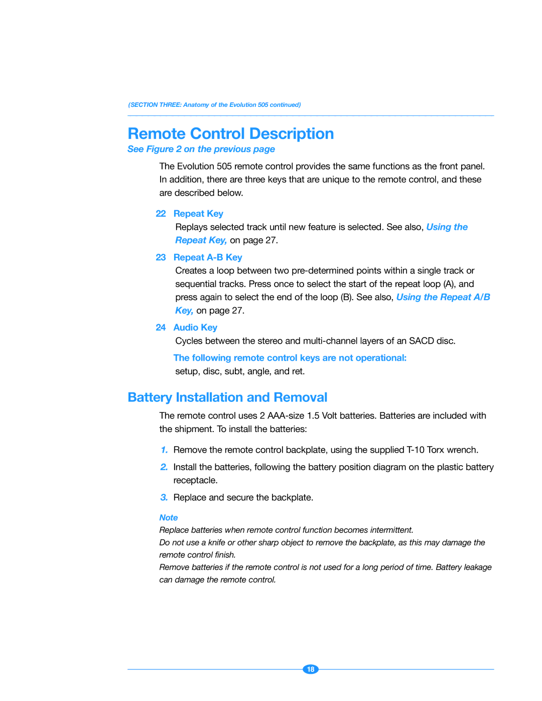 Krell Industries Evolution 505 manual Remote Control Description, Battery Installation and Removal 