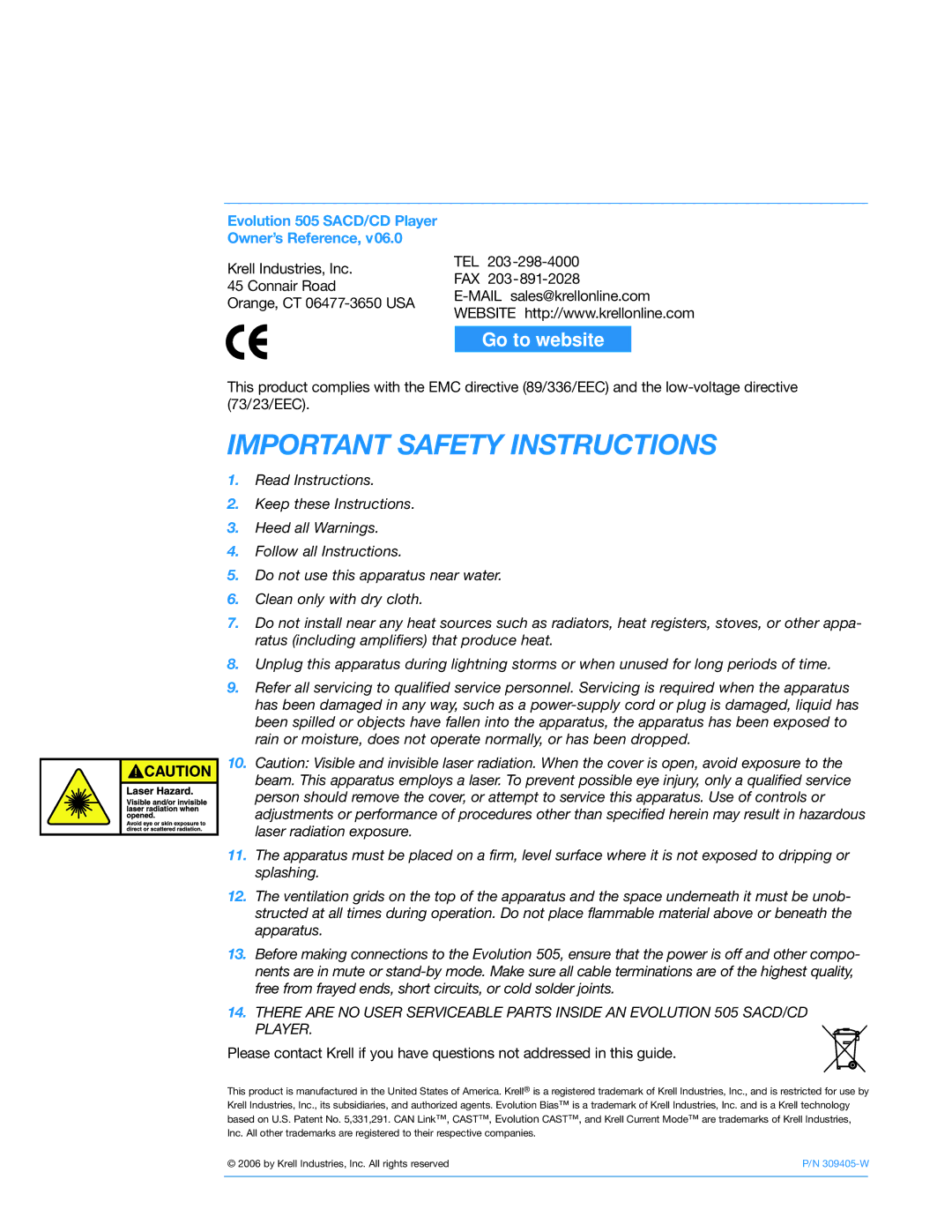 Krell Industries Evolution 505 manual Important Safety Instructions 