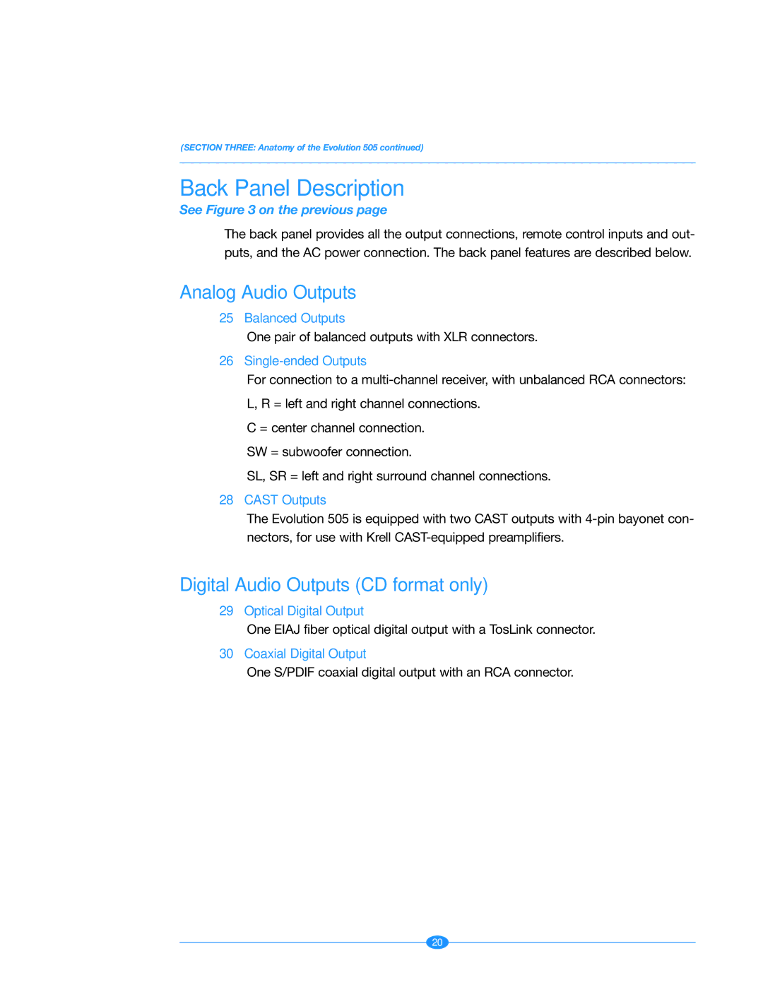 Krell Industries Evolution 505 manual Back Panel Description, Analog Audio Outputs, Digital Audio Outputs CD format only 