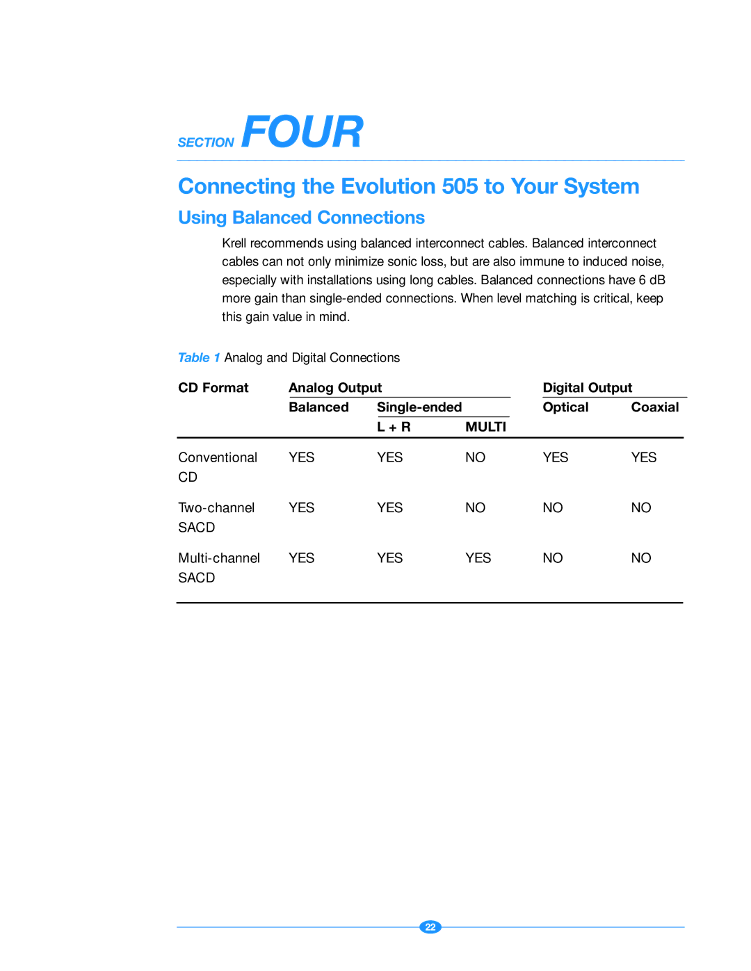 Krell Industries manual Connecting the Evolution 505 to Your System, Using Balanced Connections 