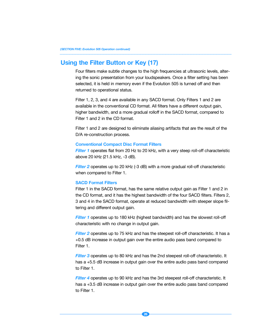Krell Industries Evolution 505 manual Using the Filter Button or Key, Conventional Compact Disc Format Filters 