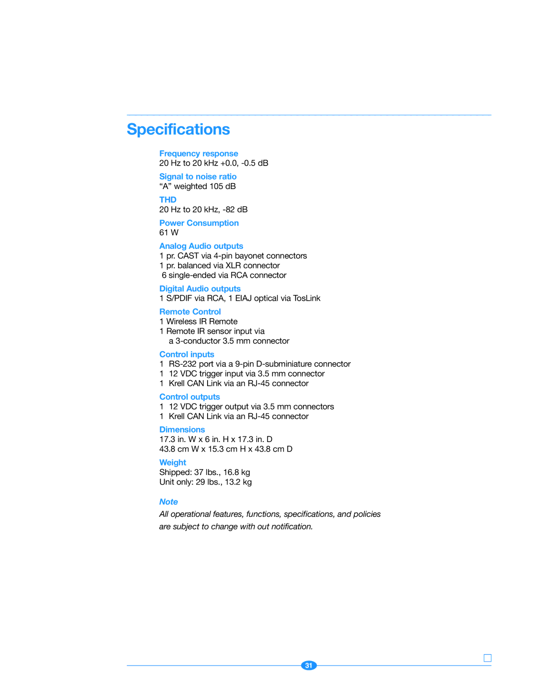 Krell Industries Evolution 505 manual Specifications, Thd 