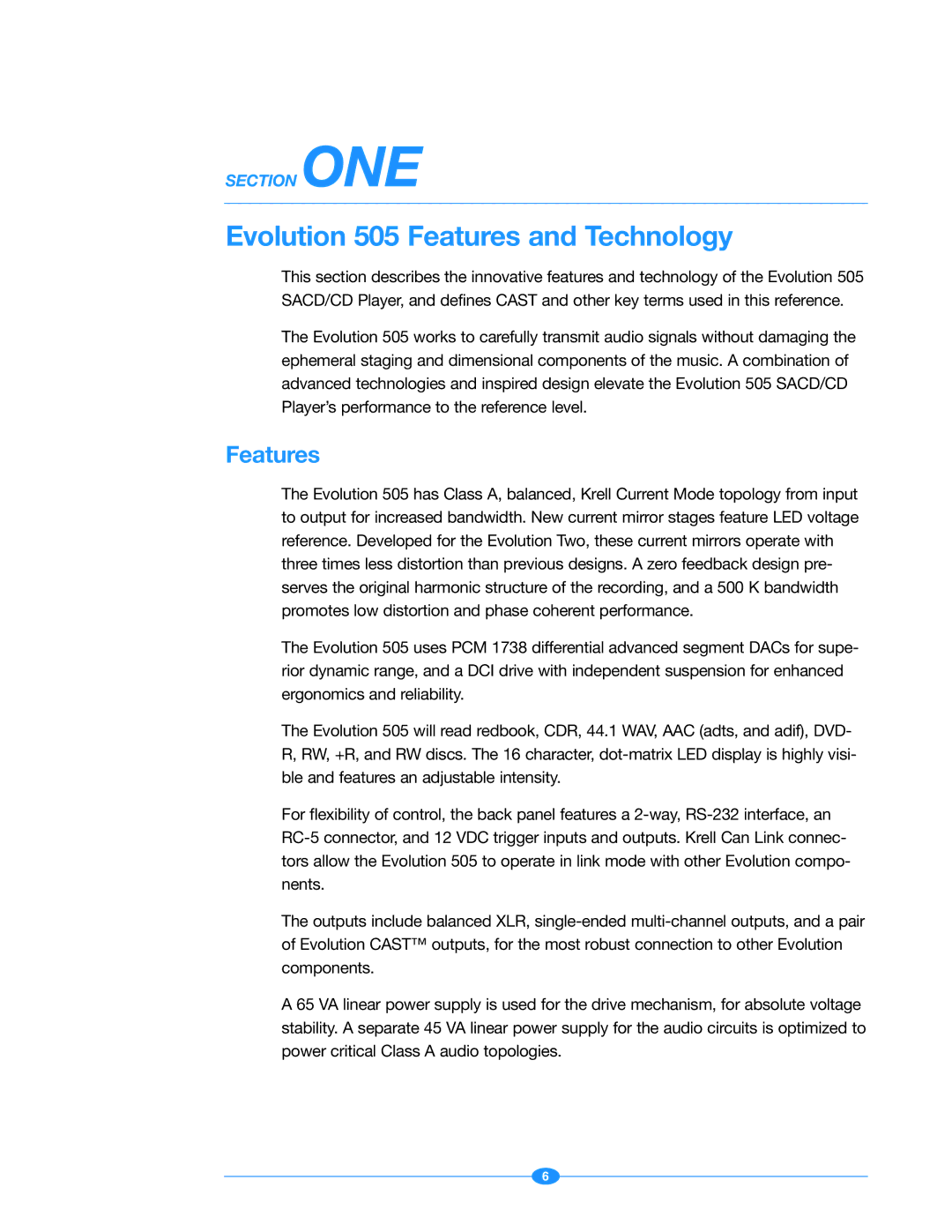 Krell Industries manual Evolution 505 Features and Technology 