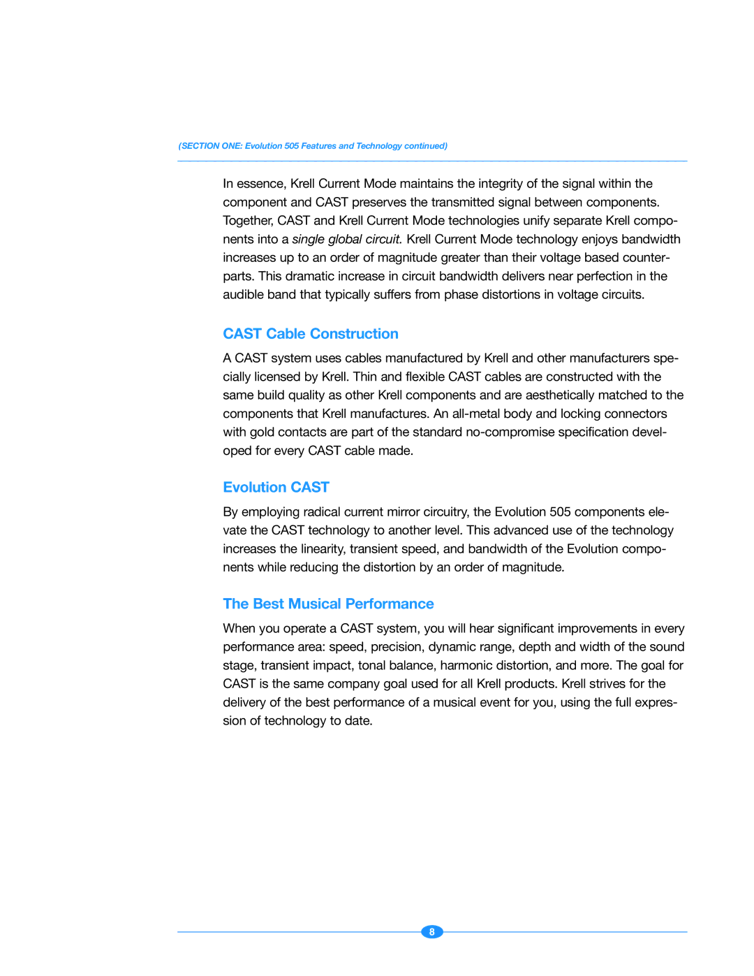 Krell Industries Evolution 505 manual Cast Cable Construction, Evolution Cast, Best Musical Performance 