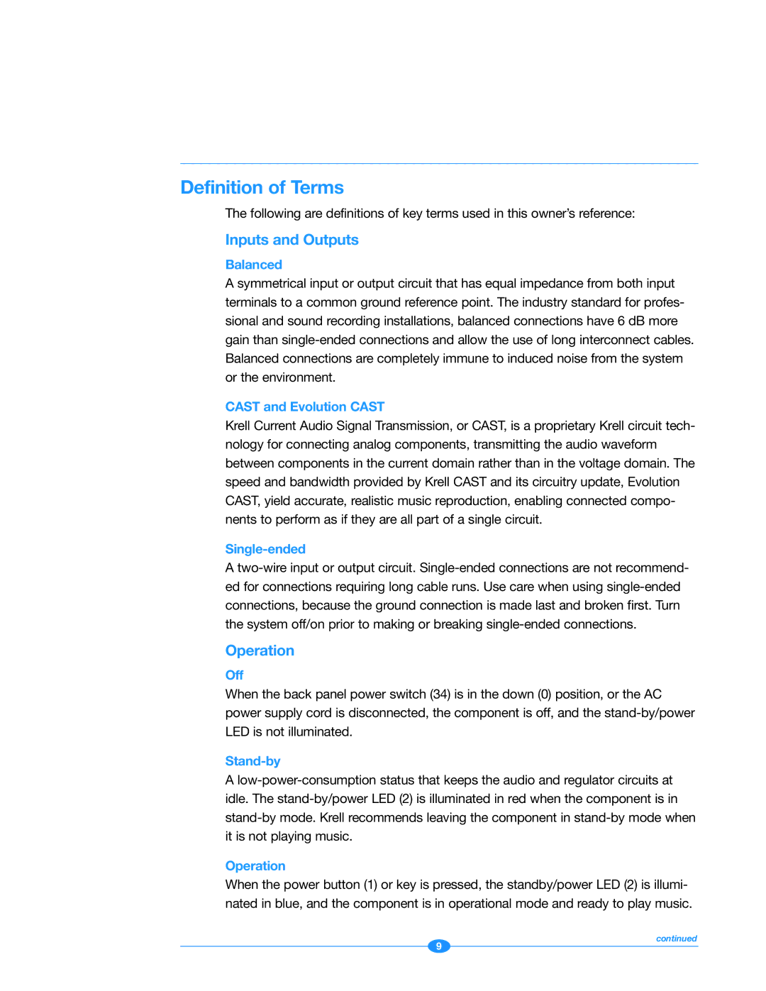 Krell Industries Evolution 505 manual Definition of Terms, Inputs and Outputs, Operation 