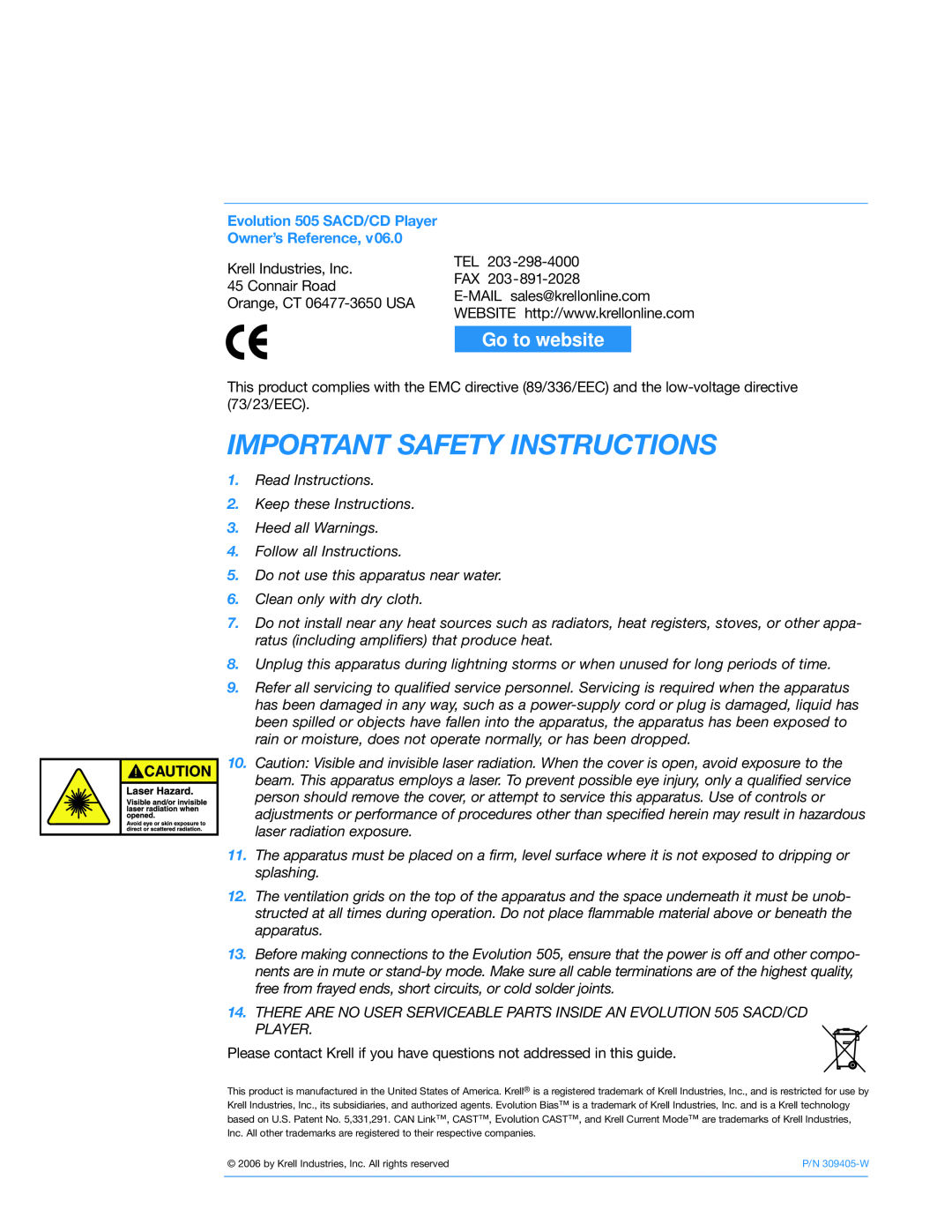 Krell Industries Evolution 505 manual Important Safety Instructions, Go to website 