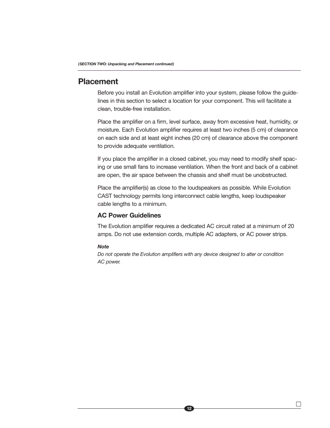 Krell Industries Evolution 600, 900, 400 manual Placement, AC Power Guidelines 