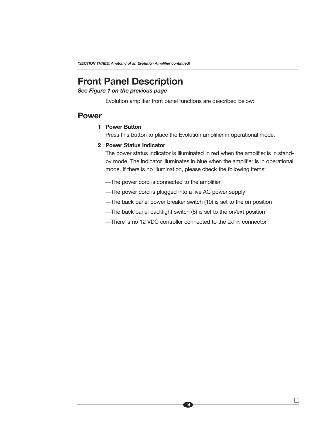 Krell Industries 400, Evolution 600, 900 manual Front Panel Description, Power Button, Power Status Indicator 