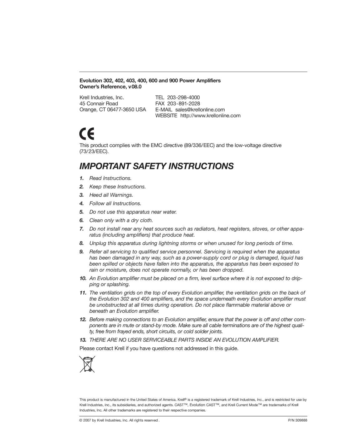 Krell Industries 400, Evolution 600, 900 manual Important Safety Instructions 