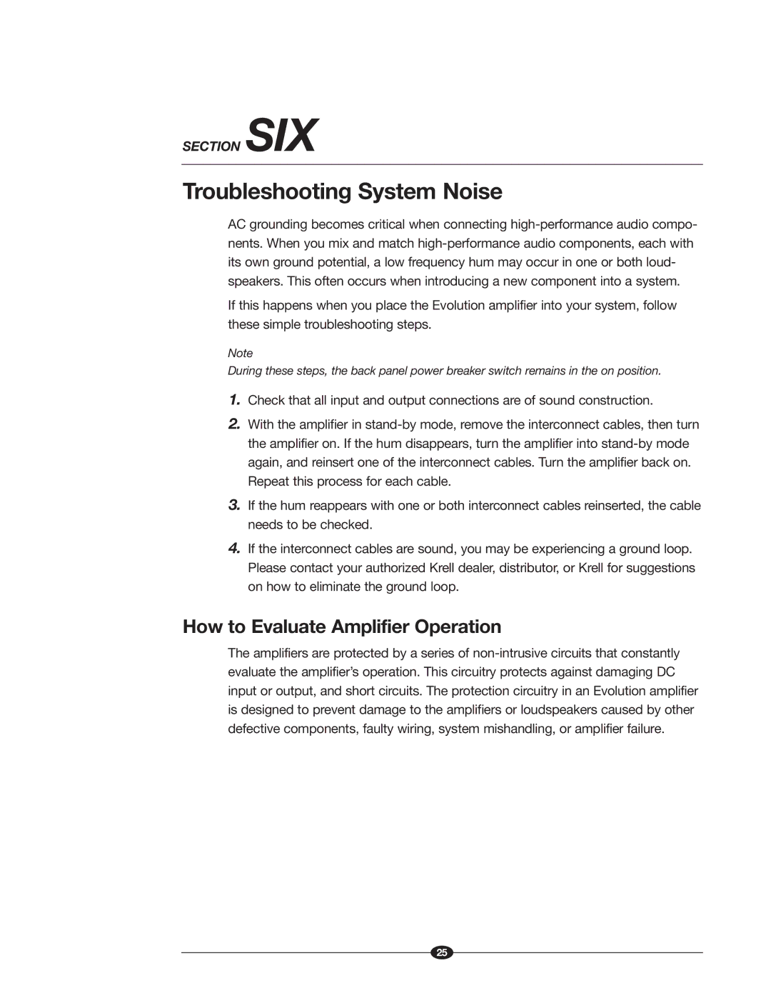 Krell Industries 900, Evolution 600, 400 manual Troubleshooting System Noise, How to Evaluate Amplifier Operation 