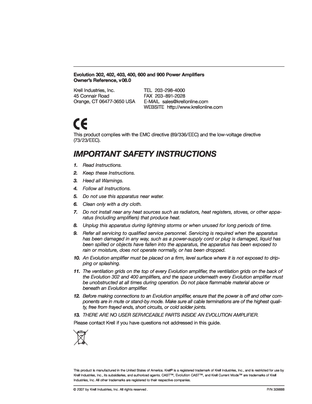 Krell Industries 400, Evolution 600, 900 manual Important Safety Instructions, Owner’s Reference 