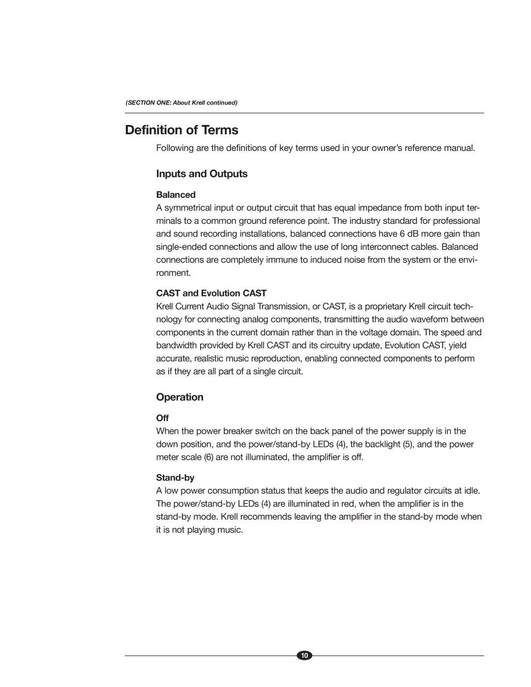 Krell Industries Evolution One manual Definition of Terms, Inputs and Outputs, Operation 