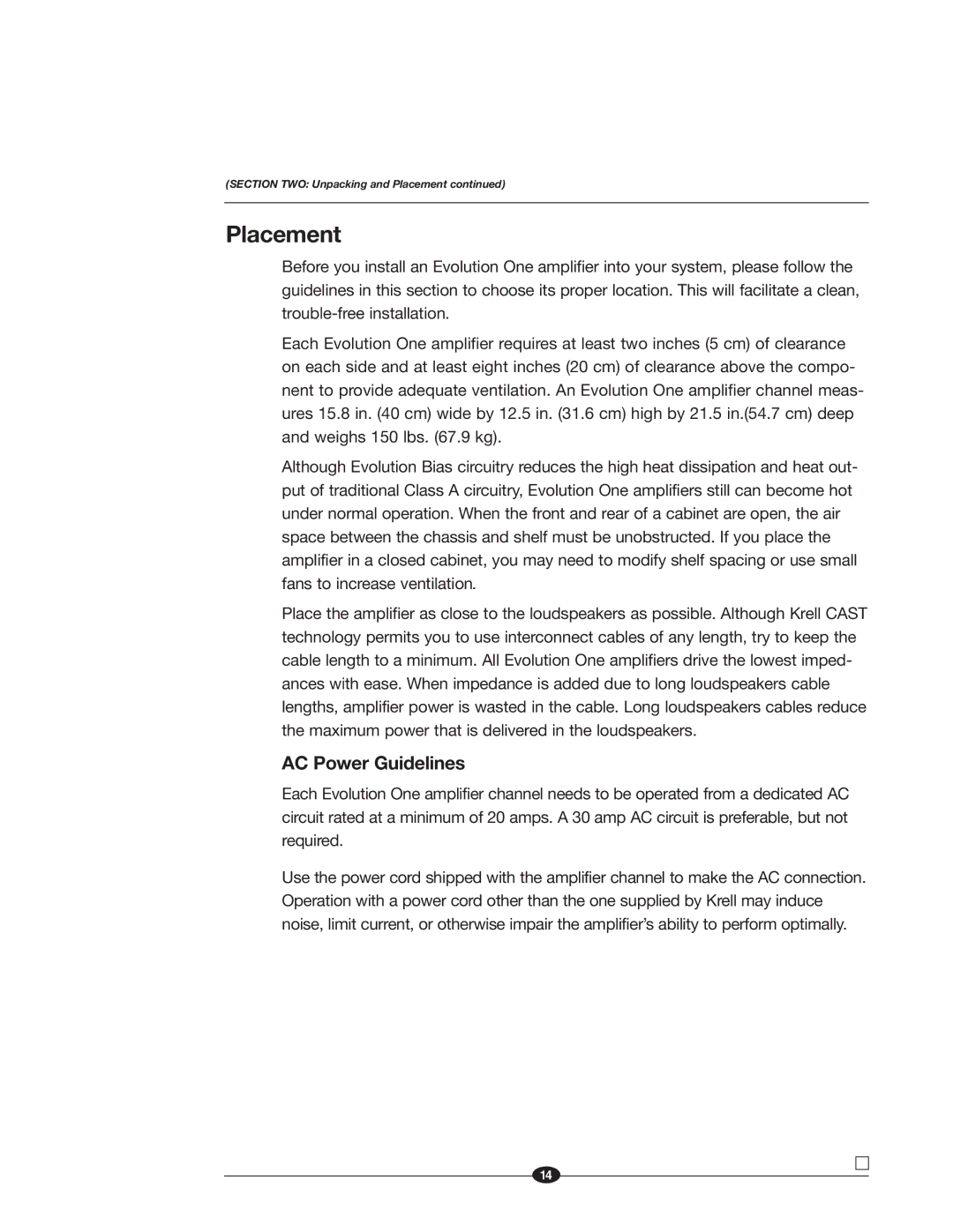 Krell Industries Evolution One manual Placement, AC Power Guidelines 