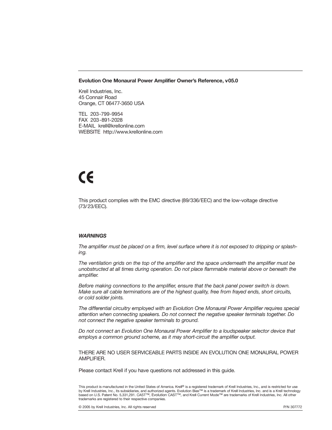 Krell Industries manual Evolution One Monaural Power Amplifier Owner’s Reference 