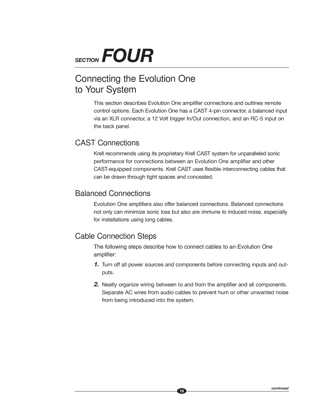 Krell Industries manual Connecting the Evolution One to Your System, Cast Connections, Balanced Connections 