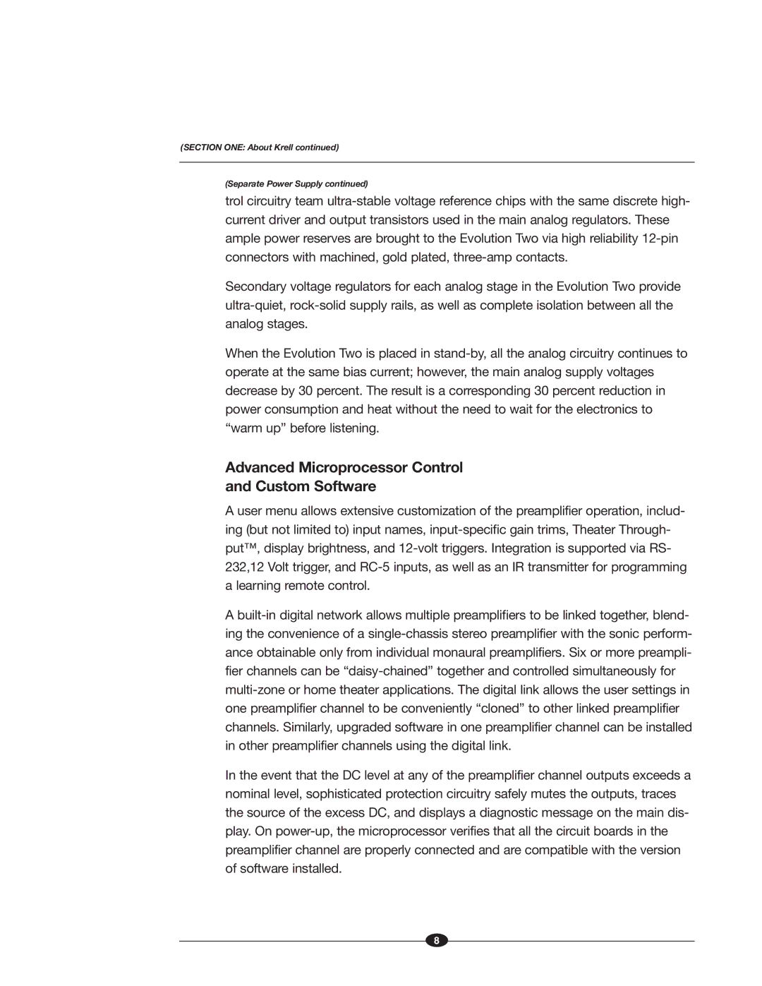 Krell Industries EVOLUTION TWO MONAURAL PREAMPLIFIER manual Advanced Microprocessor Control Custom Software 