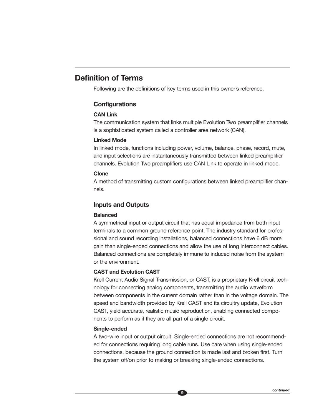 Krell Industries EVOLUTION TWO MONAURAL PREAMPLIFIER manual Definition of Terms, Configurations, Inputs and Outputs 