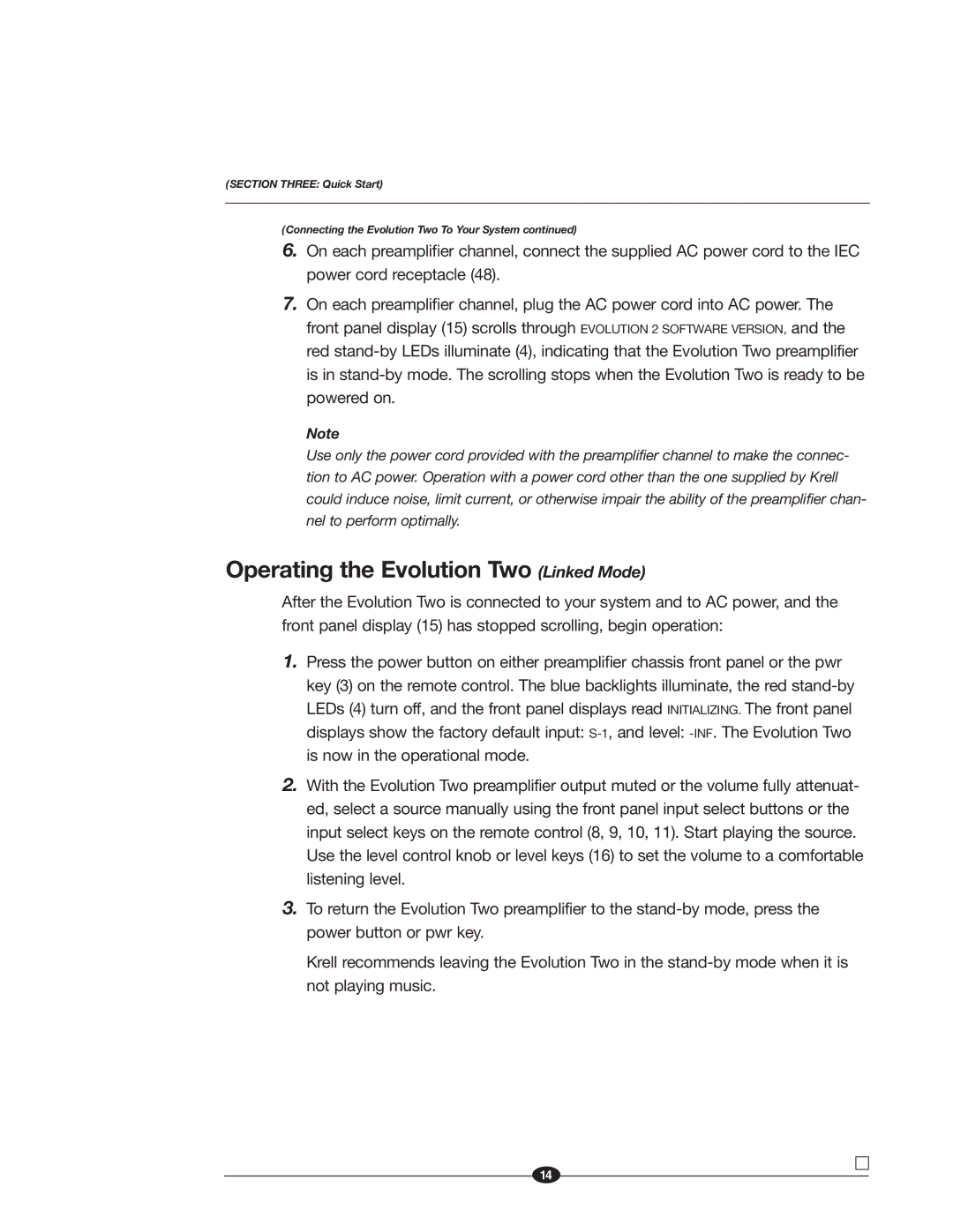 Krell Industries EVOLUTION TWO MONAURAL PREAMPLIFIER manual Operating the Evolution Two Linked Mode 