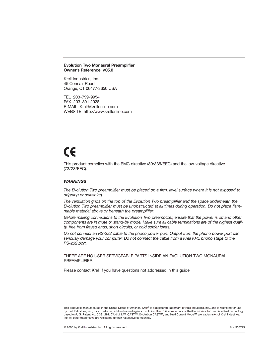 Krell Industries EVOLUTION TWO MONAURAL PREAMPLIFIER manual 