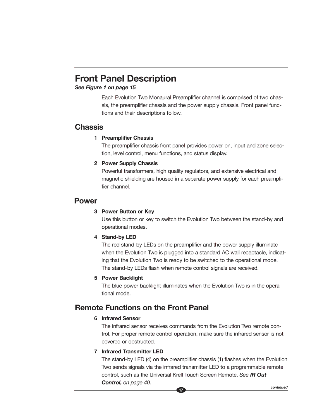 Krell Industries EVOLUTION TWO MONAURAL PREAMPLIFIER manual Front Panel Description, Chassis, Power 