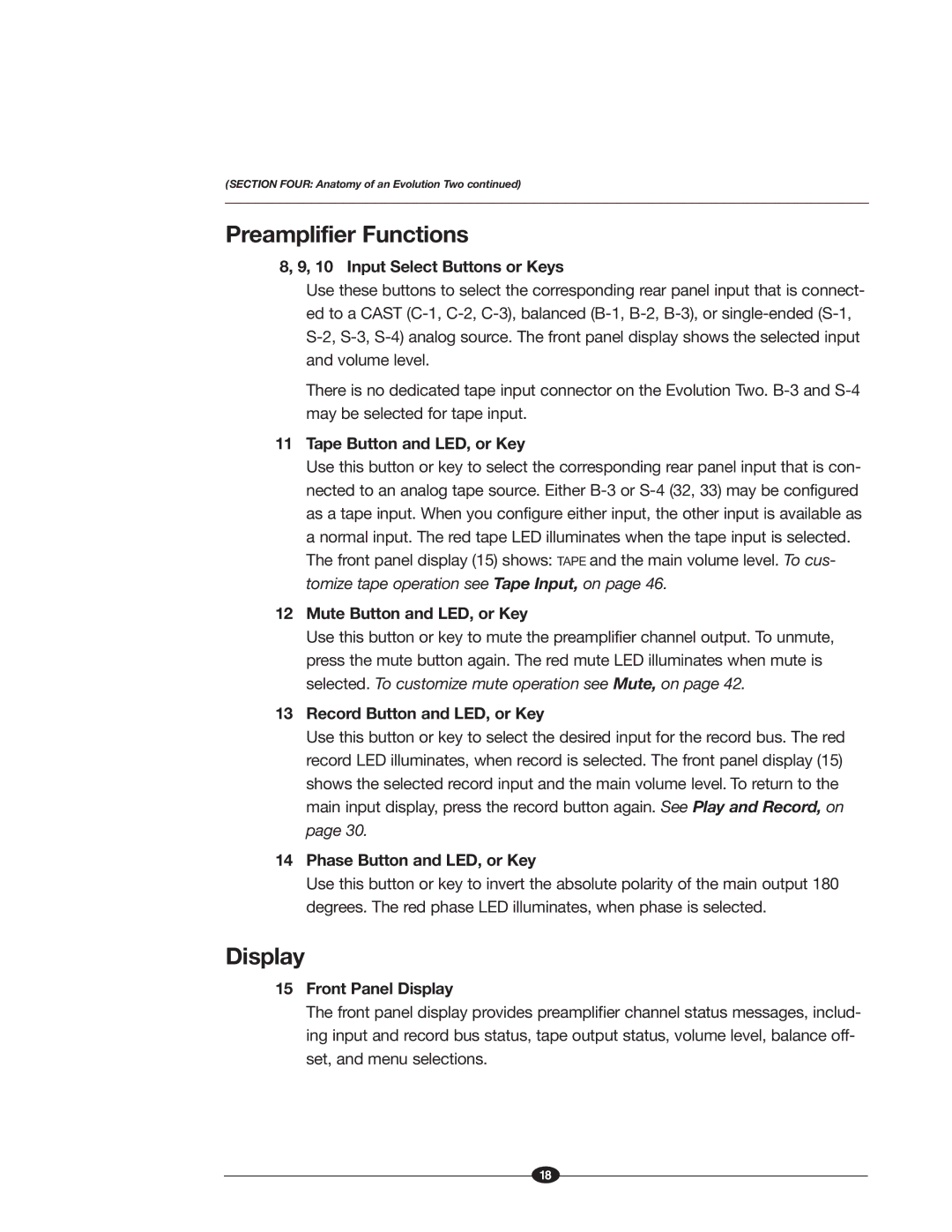 Krell Industries EVOLUTION TWO MONAURAL PREAMPLIFIER manual Preamplifier Functions, Display 