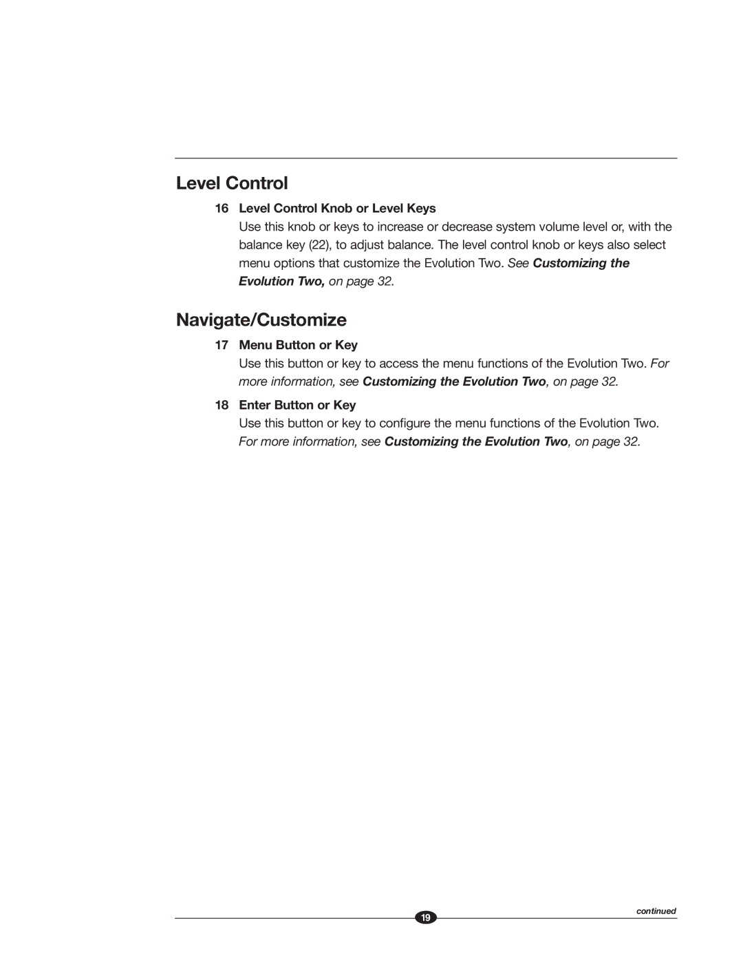 Krell Industries EVOLUTION TWO MONAURAL PREAMPLIFIER manual Level Control, Navigate/Customize, Menu Button or Key 