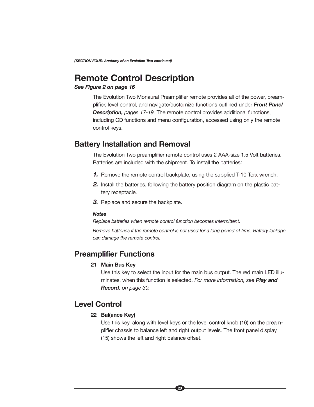 Krell Industries EVOLUTION TWO MONAURAL PREAMPLIFIER manual Remote Control Description, Battery Installation and Removal 