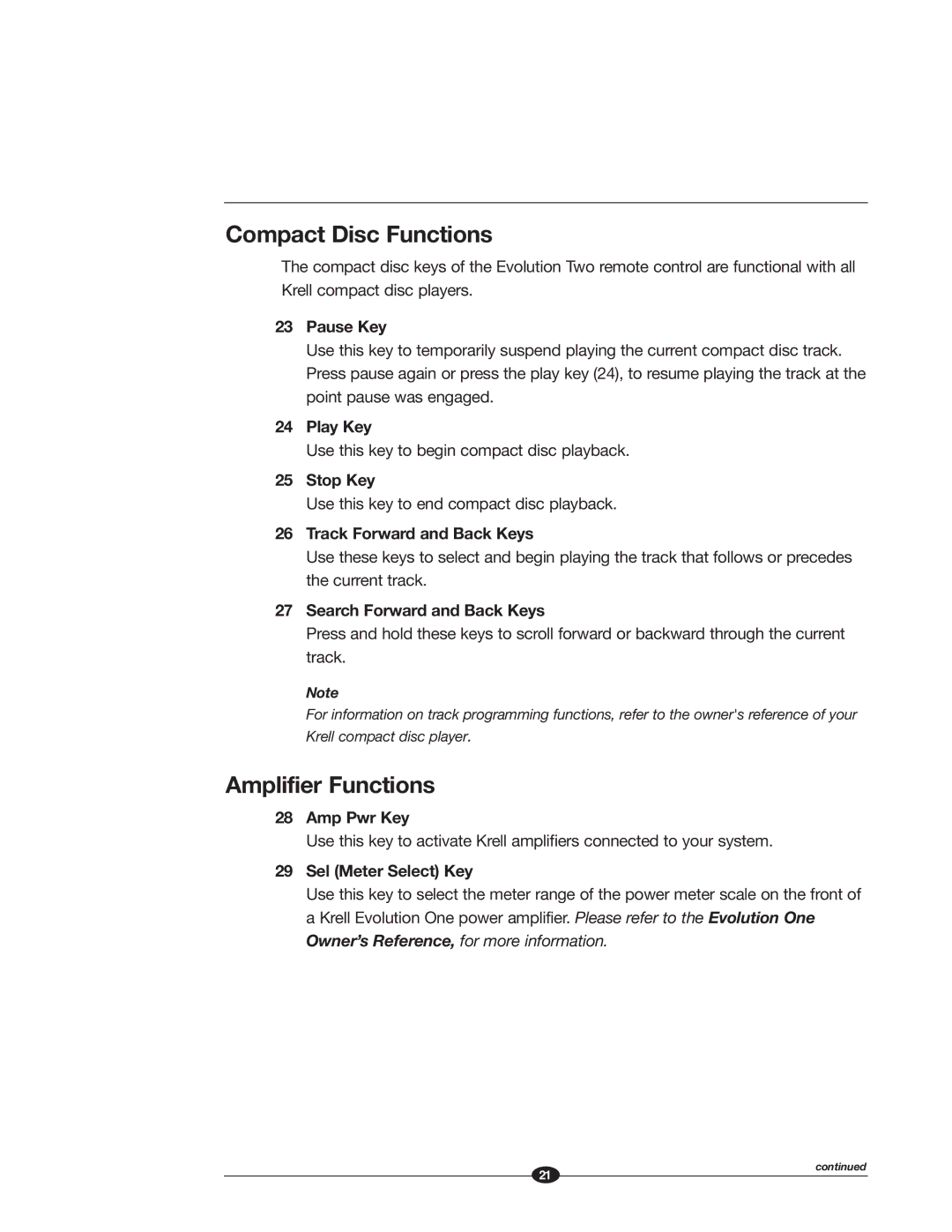 Krell Industries EVOLUTION TWO MONAURAL PREAMPLIFIER manual Compact Disc Functions, Amplifier Functions 