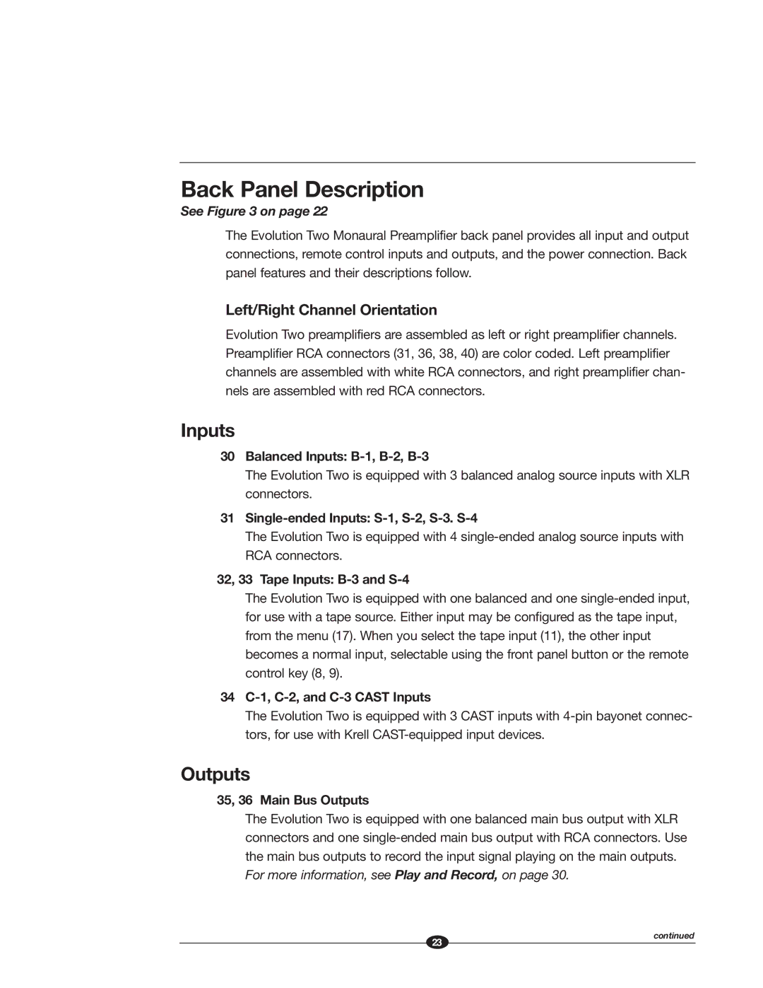 Krell Industries EVOLUTION TWO MONAURAL PREAMPLIFIER manual Back Panel Description, Inputs, 35, 36 Main Bus Outputs 