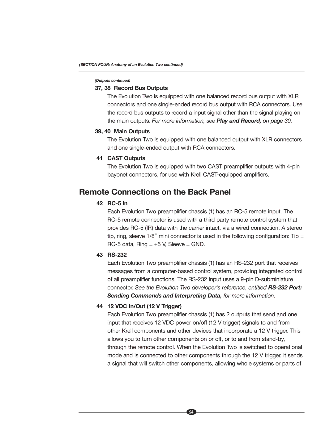 Krell Industries EVOLUTION TWO MONAURAL PREAMPLIFIER manual Remote Connections on the Back Panel, 37, 38 Record Bus Outputs 
