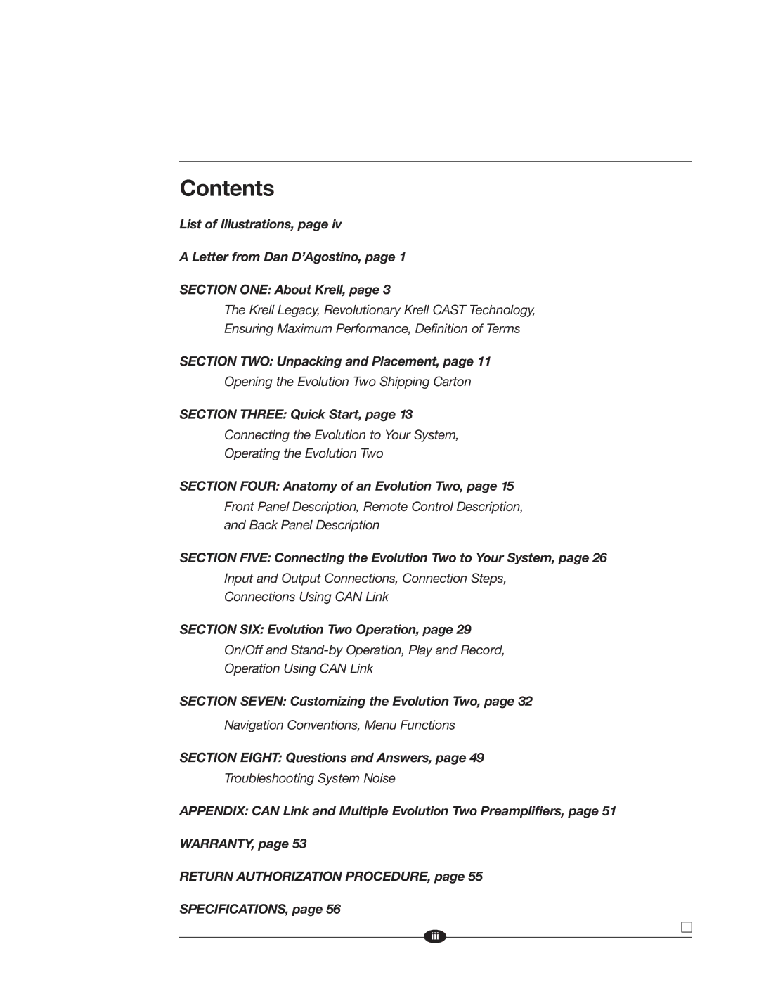 Krell Industries EVOLUTION TWO MONAURAL PREAMPLIFIER manual Contents 