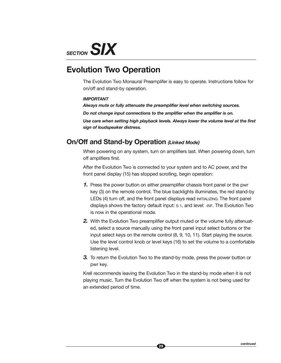 Krell Industries EVOLUTION TWO MONAURAL PREAMPLIFIER Evolution Two Operation, On/Off and Stand-by Operation Linked Mode 