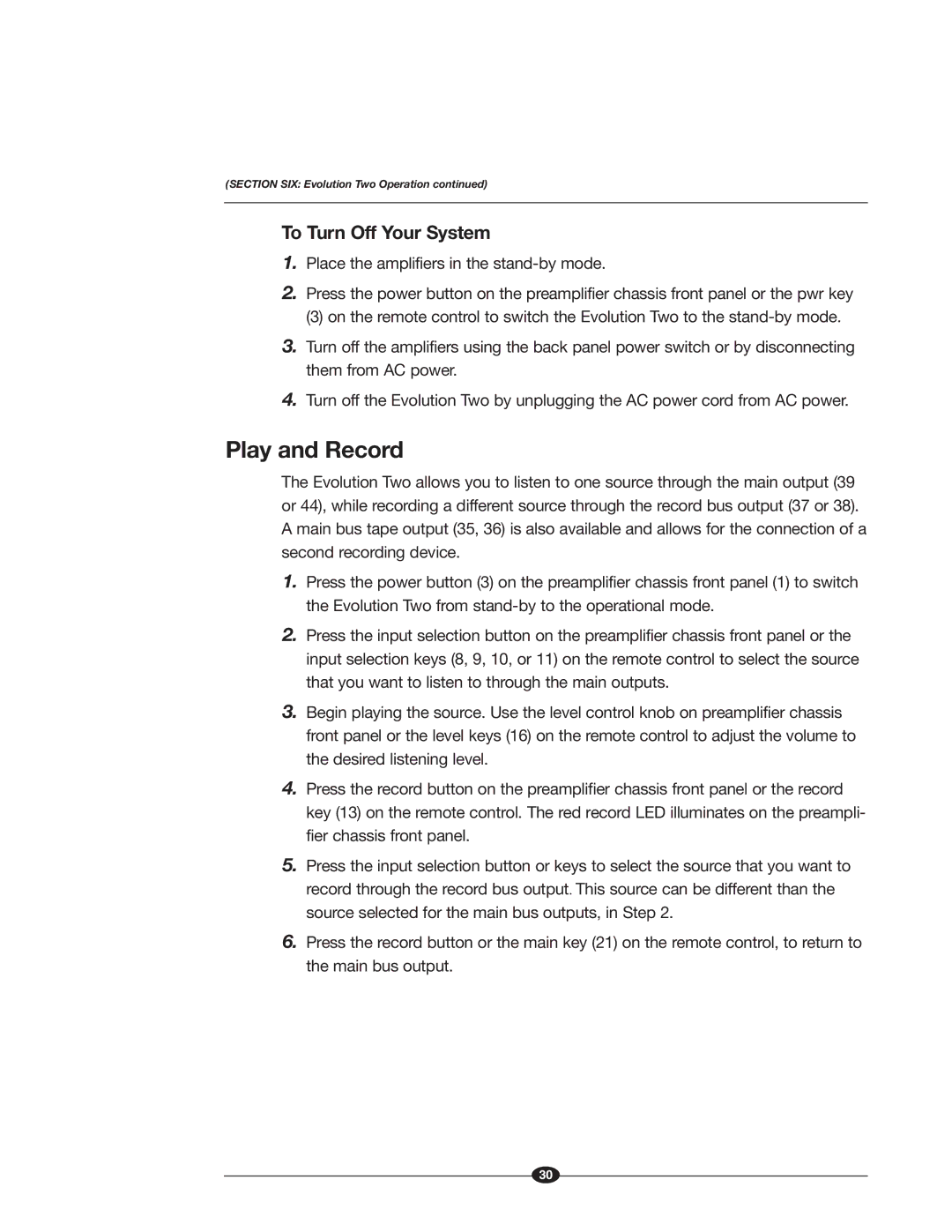 Krell Industries EVOLUTION TWO MONAURAL PREAMPLIFIER manual Play and Record, To Turn Off Your System 