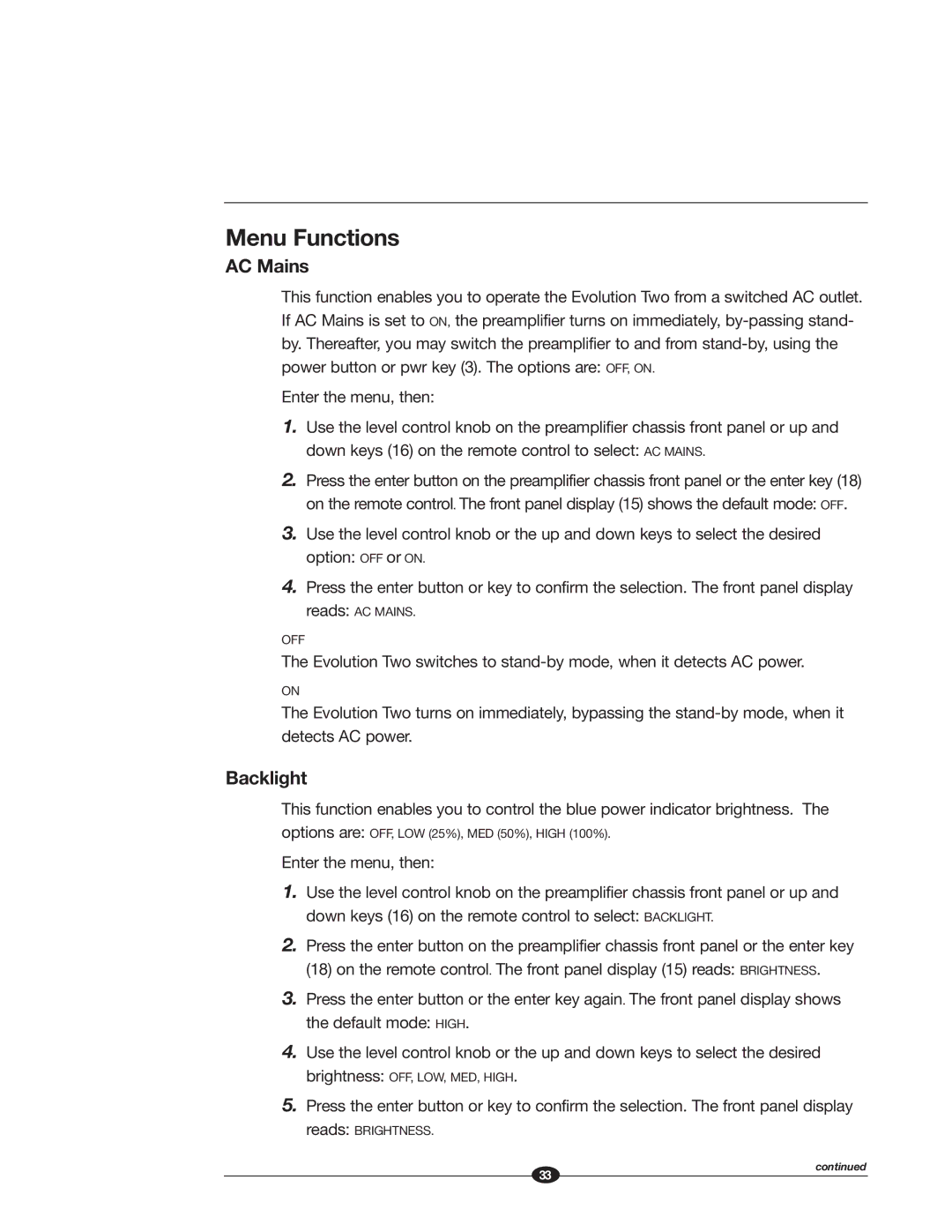 Krell Industries EVOLUTION TWO MONAURAL PREAMPLIFIER manual Menu Functions, AC Mains, Backlight, Enter the menu, then 