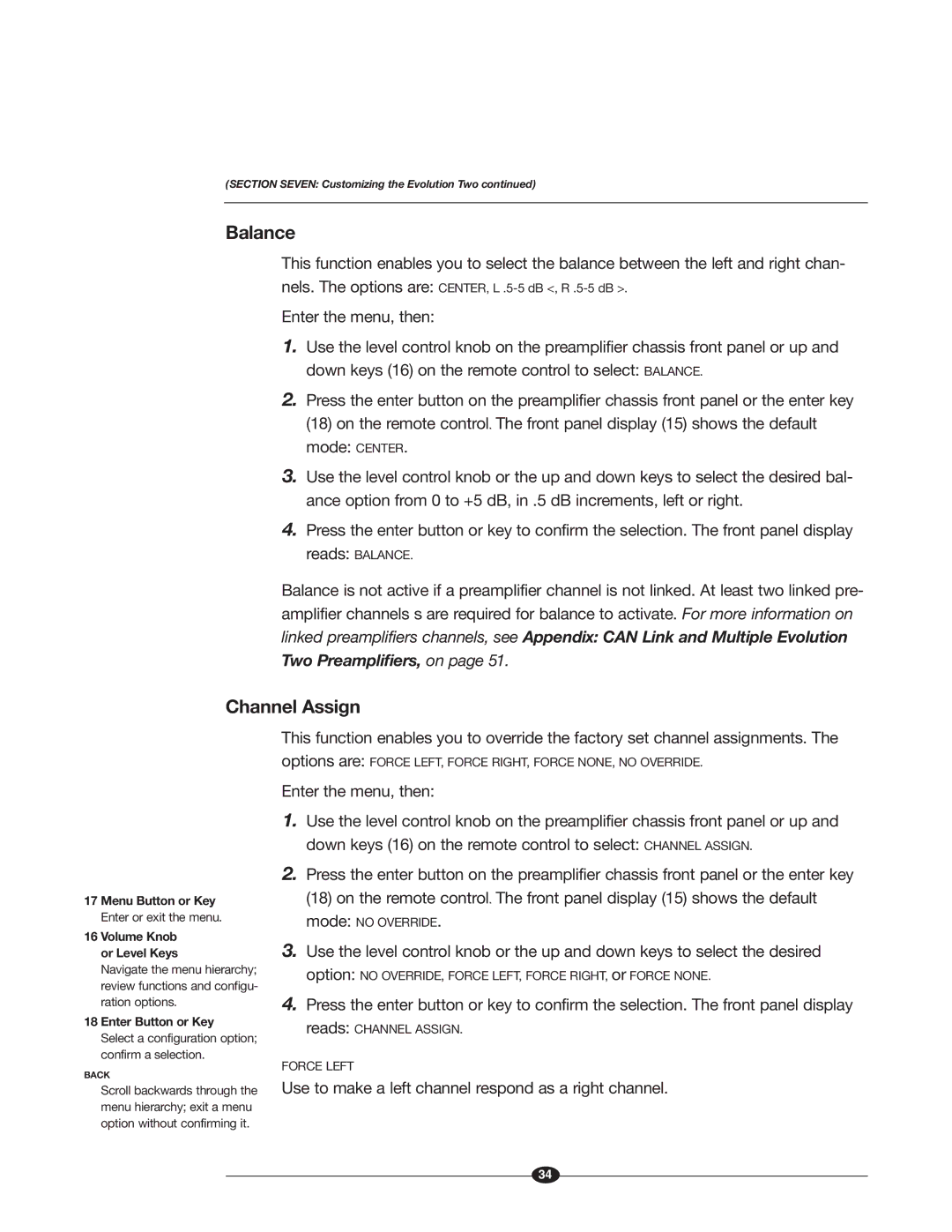 Krell Industries EVOLUTION TWO MONAURAL PREAMPLIFIER manual Balance, Channel Assign 