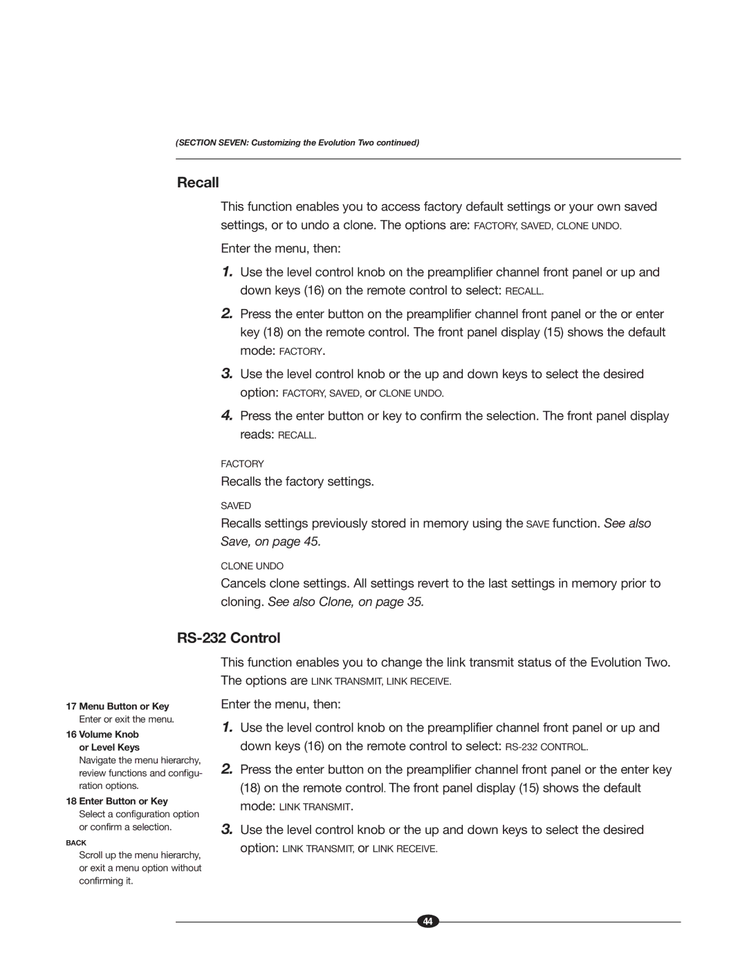 Krell Industries EVOLUTION TWO MONAURAL PREAMPLIFIER manual RS-232 Control, Recalls the factory settings 