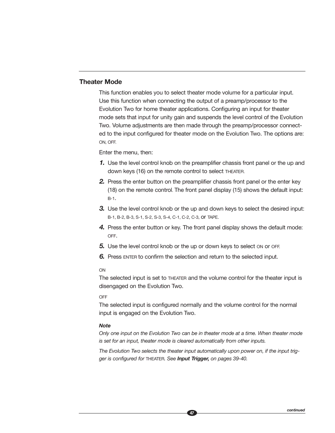 Krell Industries EVOLUTION TWO MONAURAL PREAMPLIFIER manual Theater Mode 