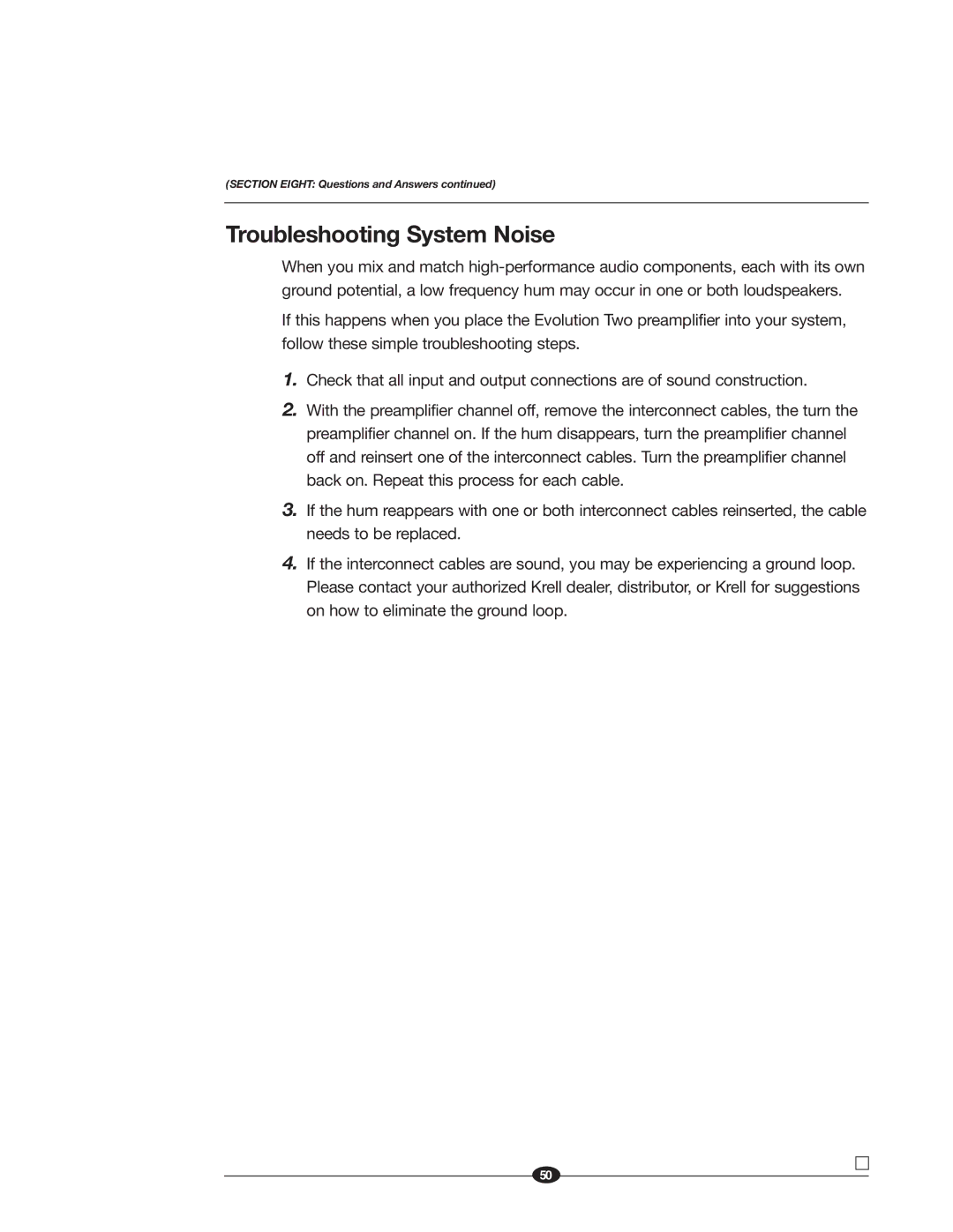 Krell Industries EVOLUTION TWO MONAURAL PREAMPLIFIER manual Troubleshooting System Noise 