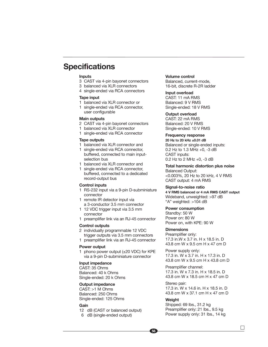 Krell Industries EVOLUTION TWO MONAURAL PREAMPLIFIER manual Specifications, Control outputs 